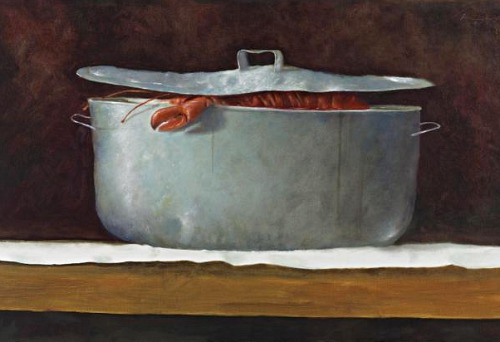 Julio Larraz - Four lobsters in a tube - 1984